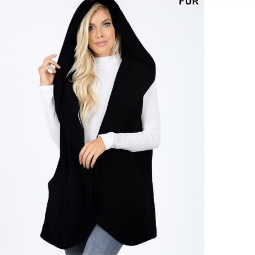 Zenana Outfitters Black Teddy Hooded Vest Sizes: S–3X